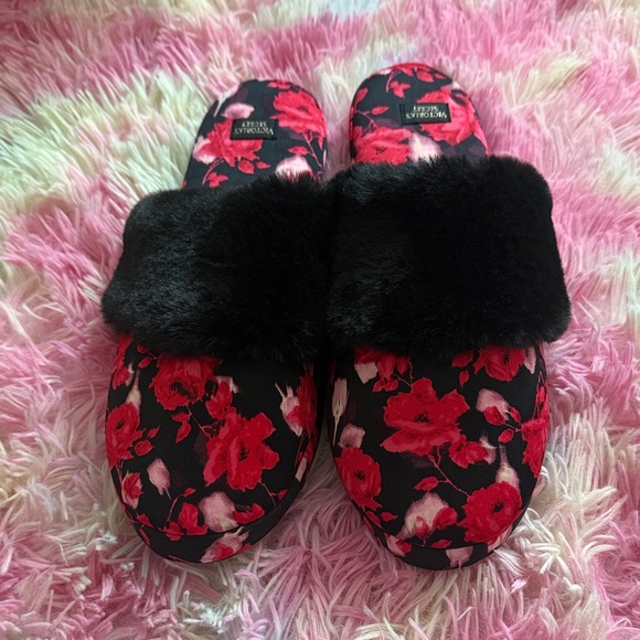 Victoria's Secret Shoes - Victoria's Secret Red Floral and Black Fur Slippers ( size 7-8 )